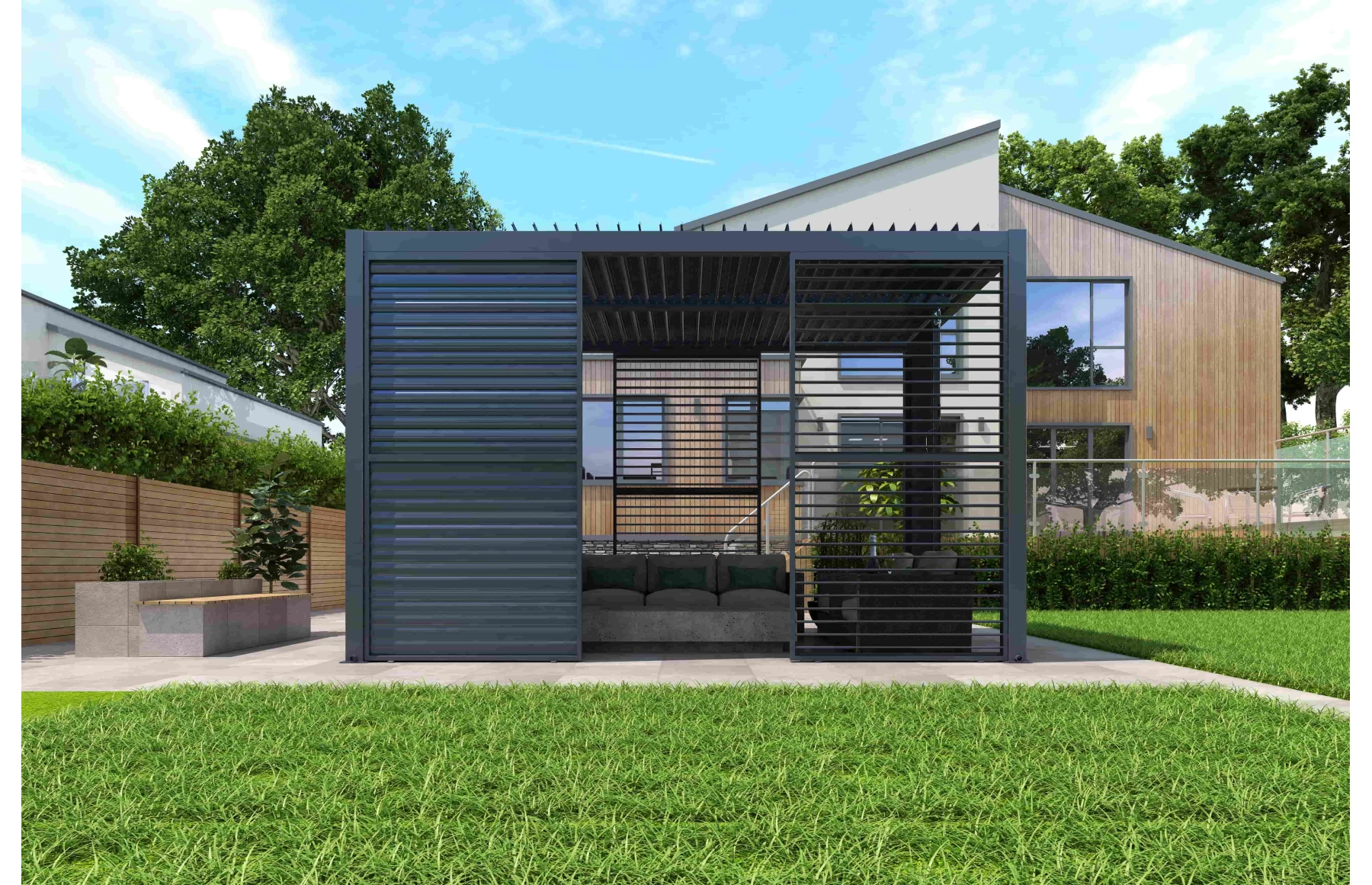 Paravan X din jaluzele ajustabile manual pentru pergola, gri antracit, aluminiu