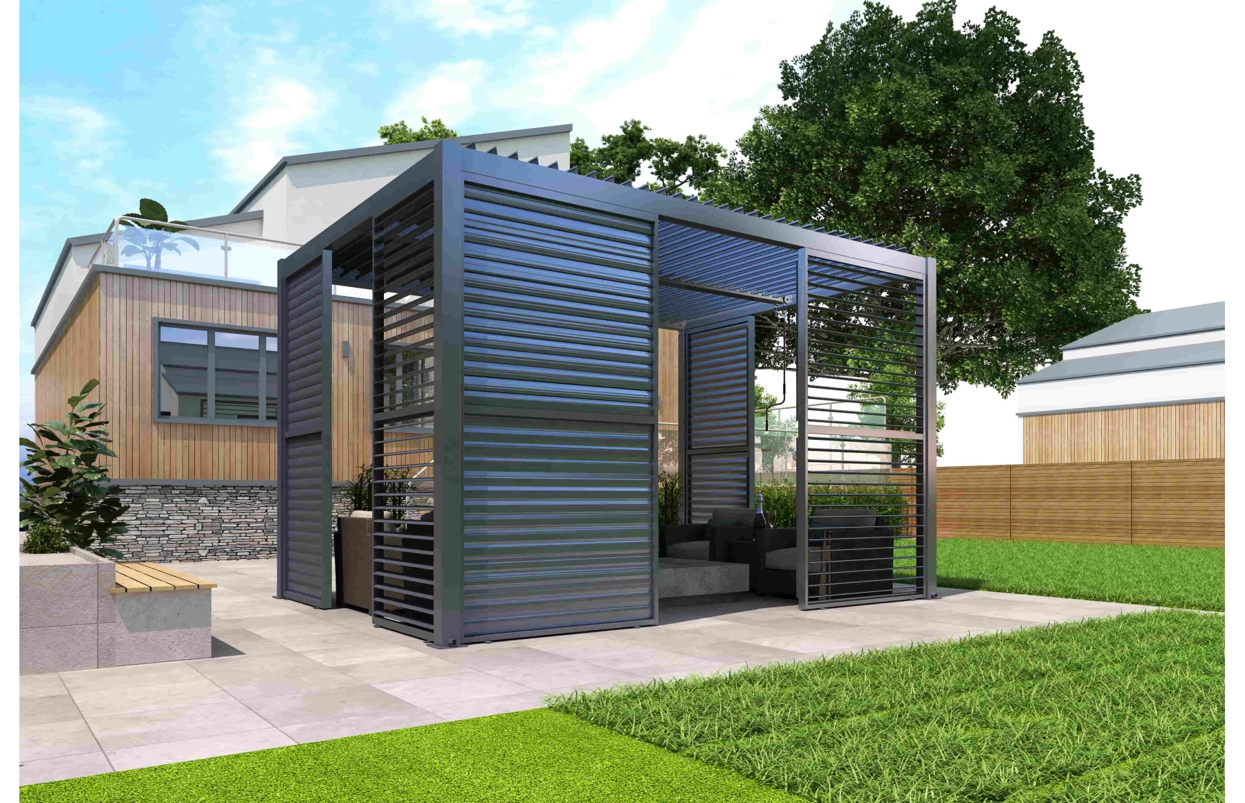 Paravan X din jaluzele ajustabile manual pentru pergola, gri antracit, aluminiu