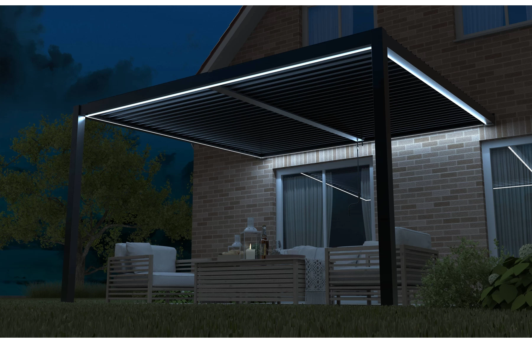 Pergola X Bioclimatica, Pavilion 3x4x2.3metri cu LED, prindere pe casa, Premium, Aluminiu