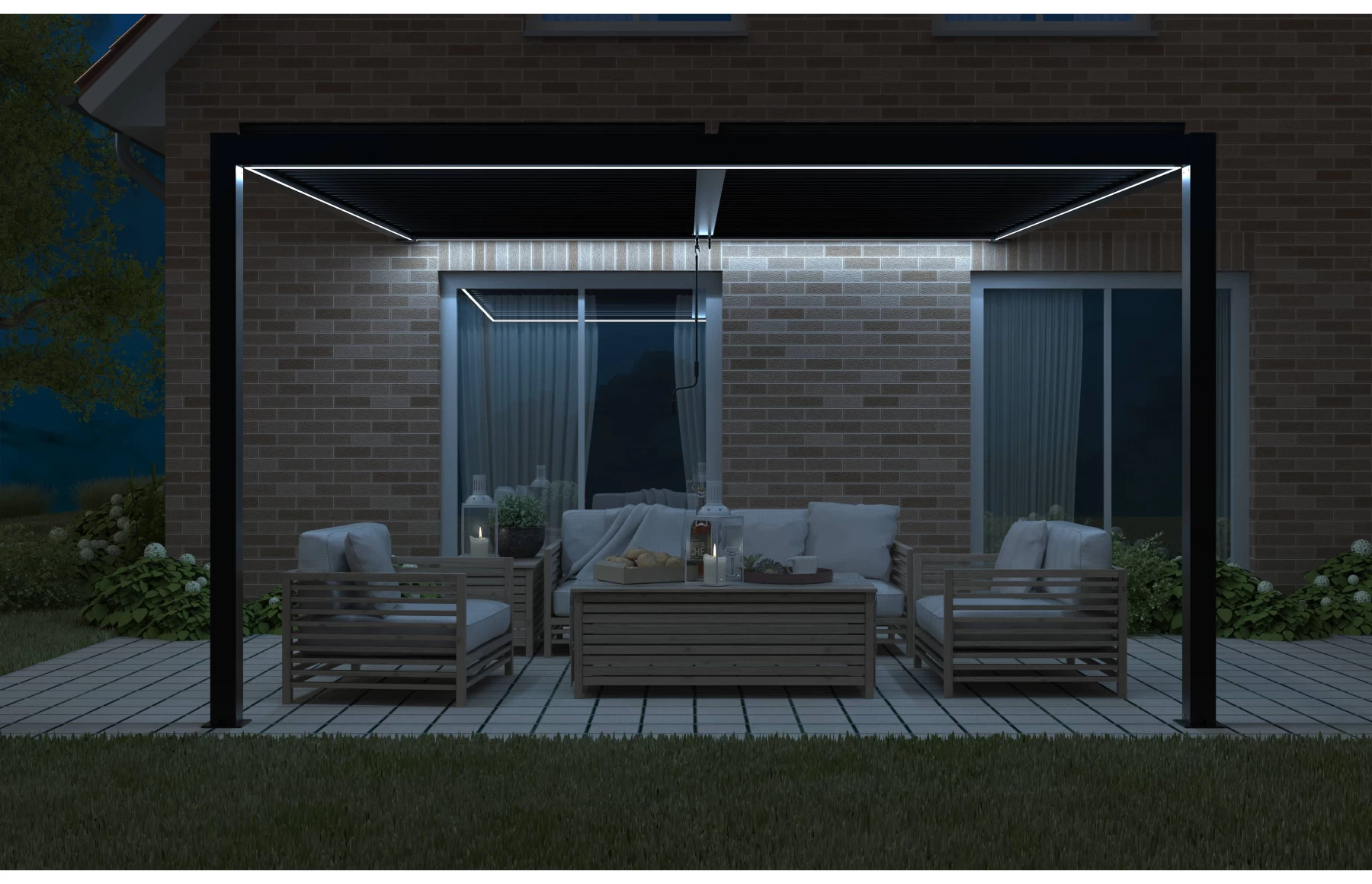 Pergola X Bioclimatica, Pavilion 3x4x2.3metri cu LED, prindere pe casa, Premium, Aluminiu