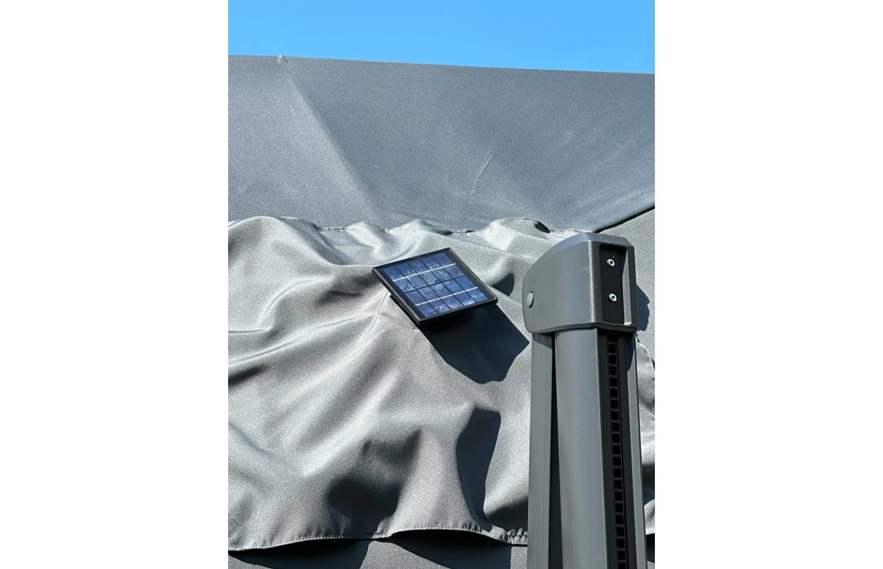 Umbrela de soare 3x3m pentru terasa si gradina, aluminiu, pliabila,cu LED culoare gri antracit, include suport granit