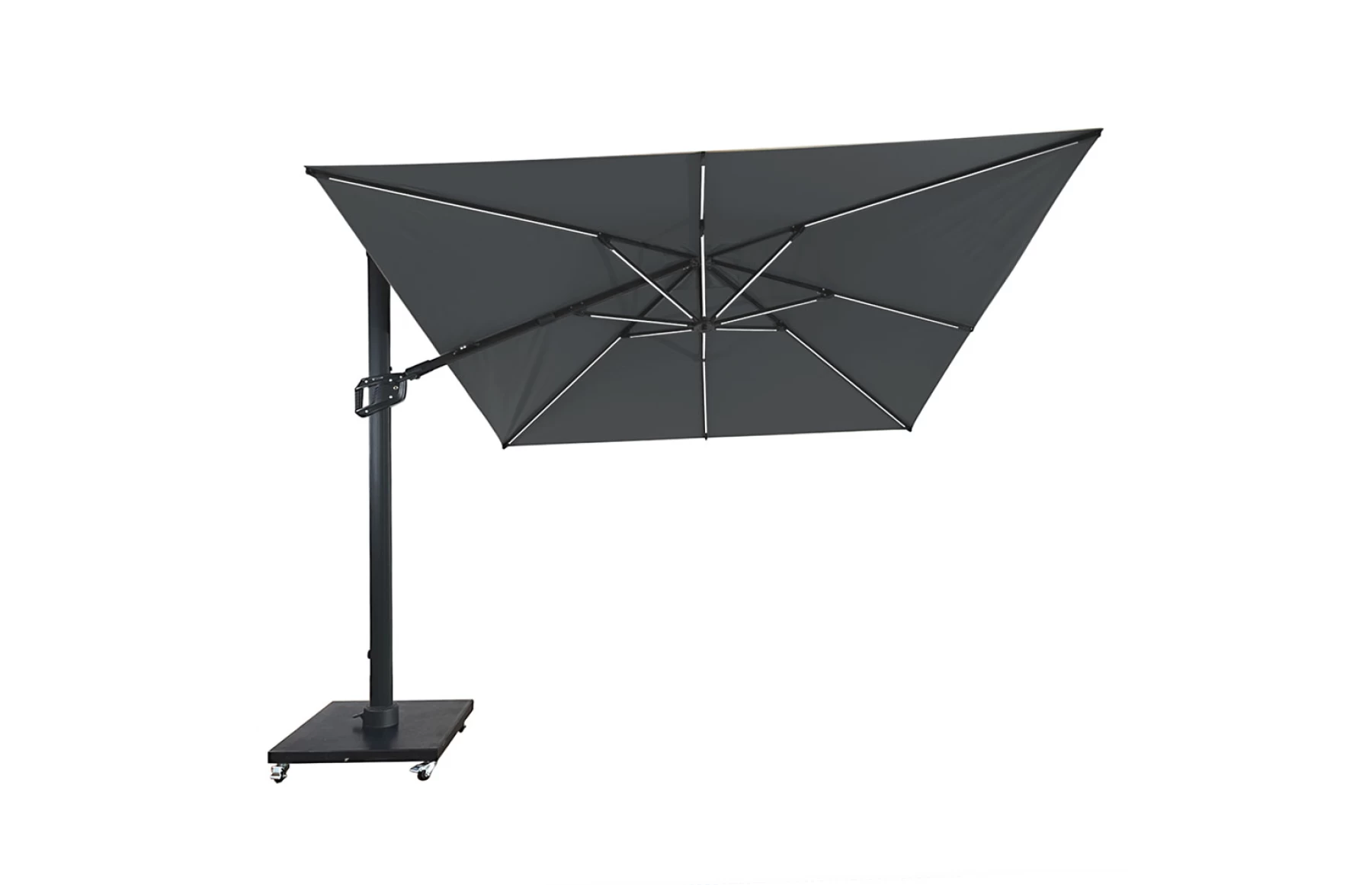 Umbrela de soare 3x3m pentru terasa si gradina, aluminiu, pliabila,cu LED culoare gri antracit, include suport granit