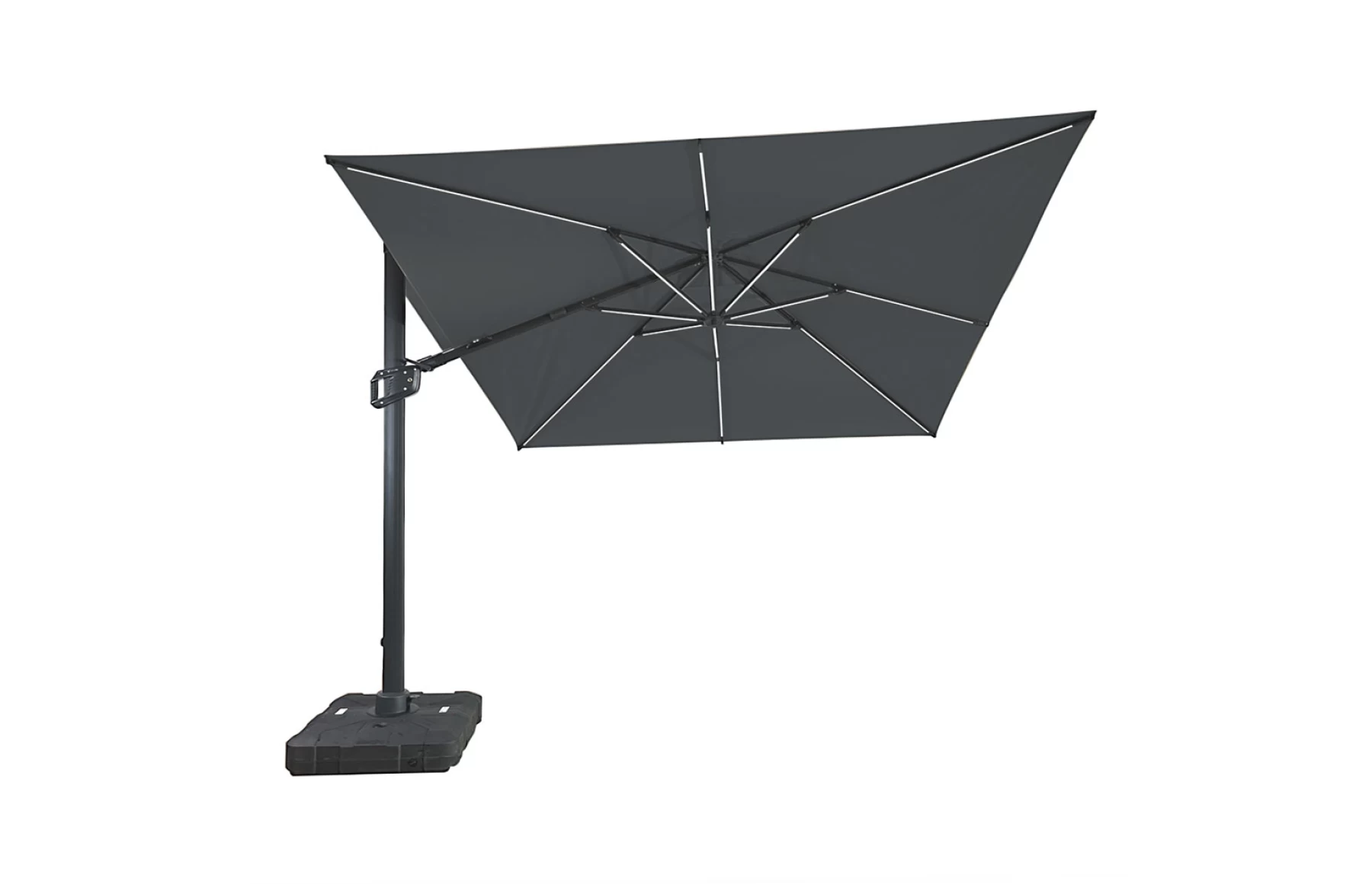 Umbrela de soare 3x3m pentru terasa si gradina, aluminiu, pliabila,cu iluminare LED, culoare gri antracit, include suport de plastic