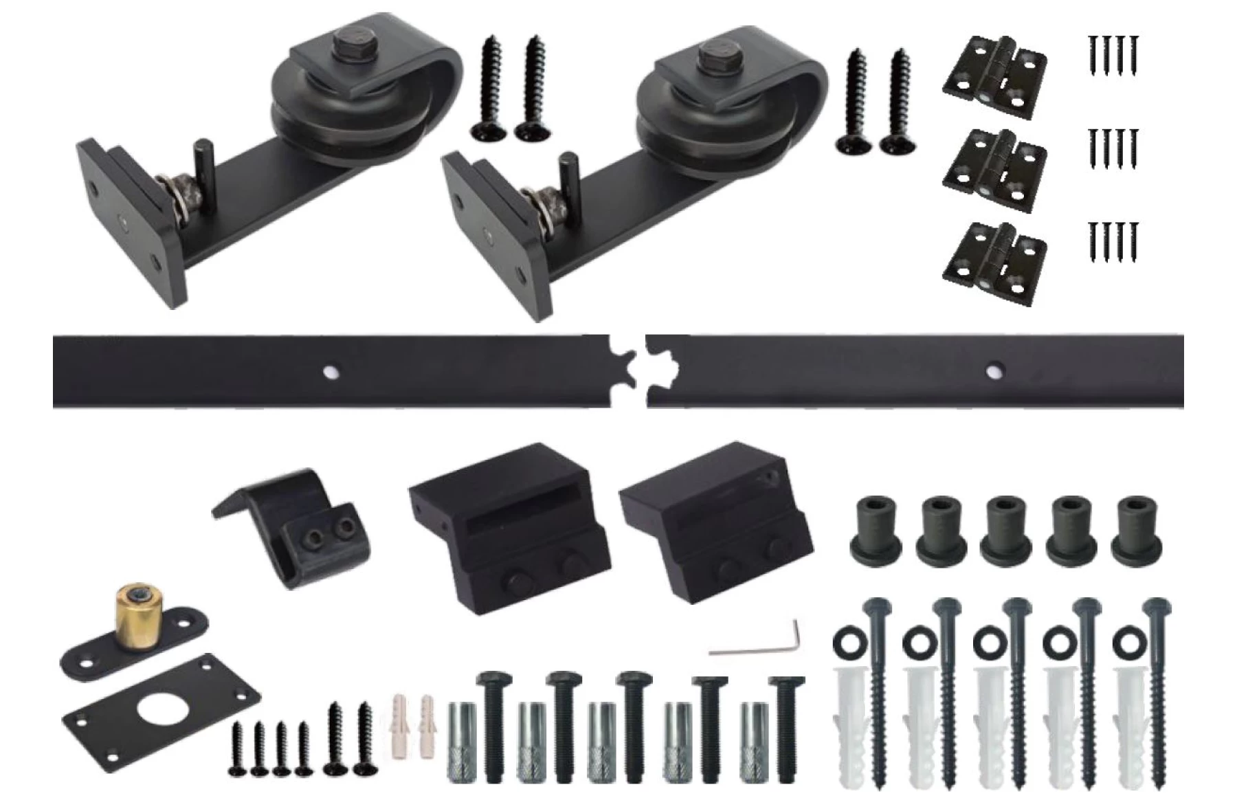 Set de feronerie pentru usa glisanta tip hambar bi-fold, lungima usa 2metri, otel zincat vopsit electrostatic