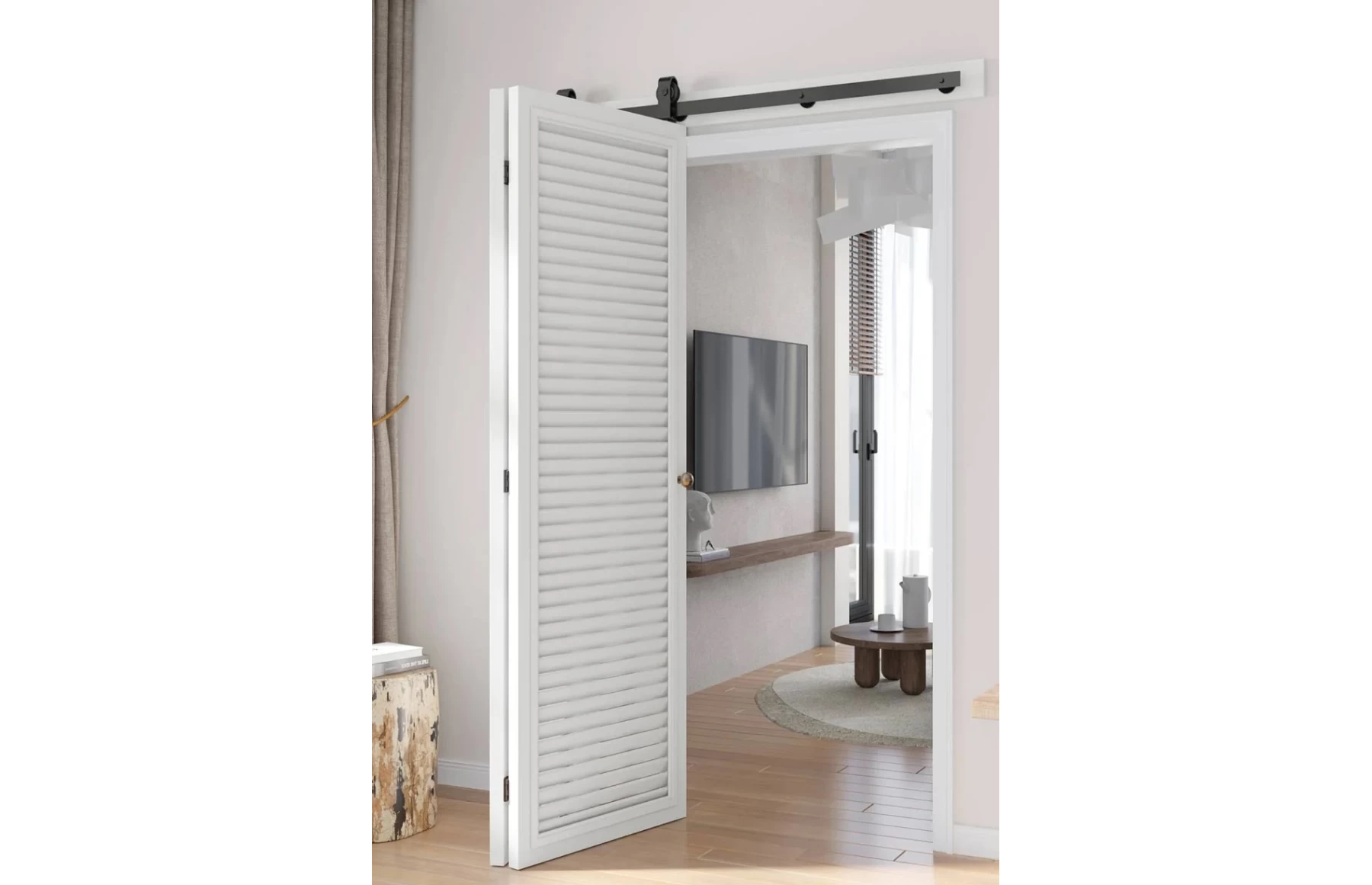 Set de feronerie pentru usa glisanta tip hambar bi-fold, lungima usa 2metri, otel zincat vopsit electrostatic