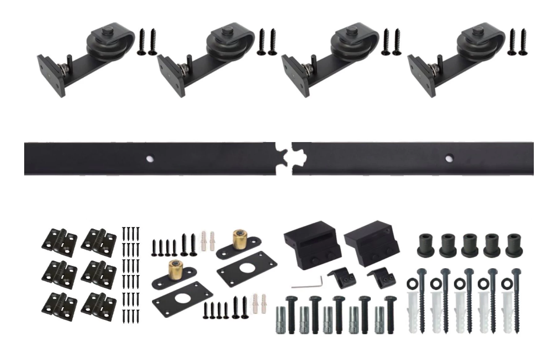 Set de feronerie pentru usi glisante tip hambar bi-fold, lungima usa 2metri, otel zincat vopsit electrostatic