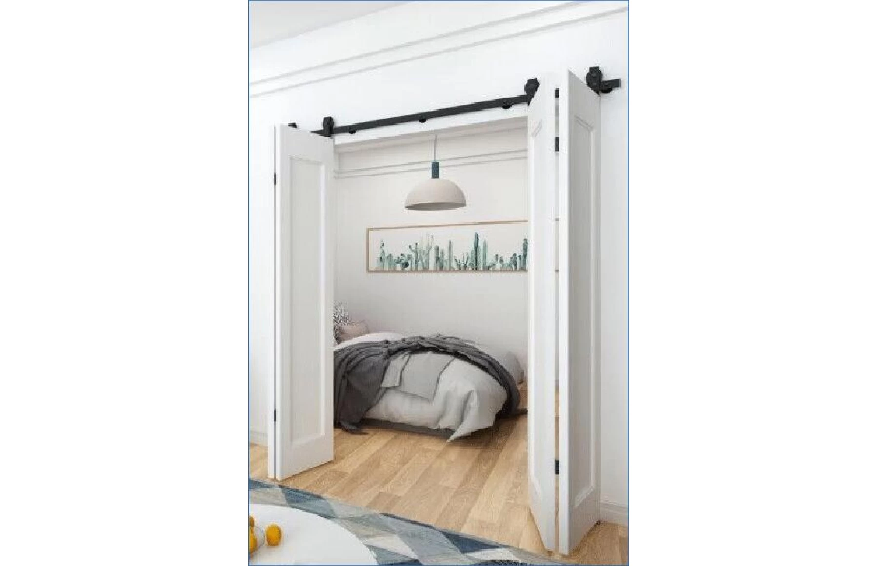 Set de feronerie pentru usi glisante tip hambar bi-fold, lungima usa 2metri, otel zincat vopsit electrostatic