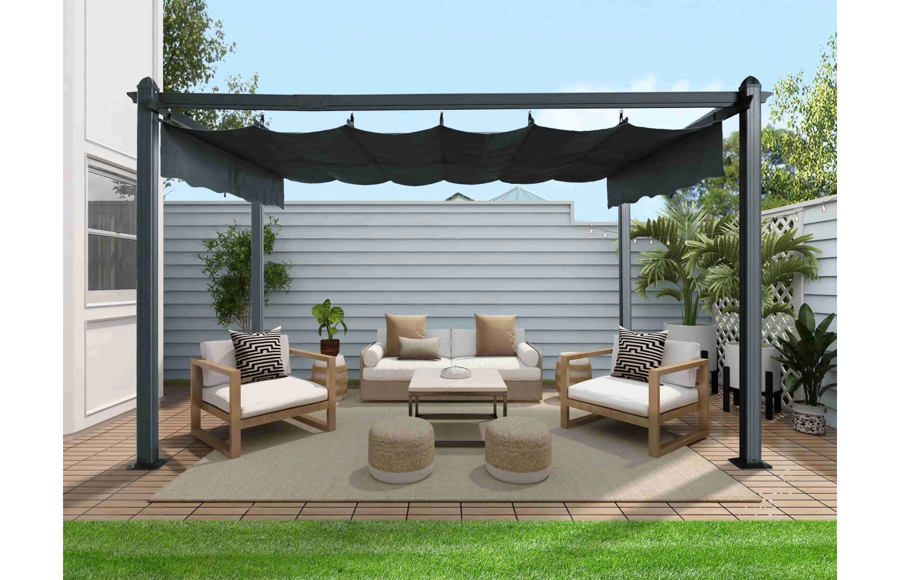 Pergola SKY tip pavilion foisor, din aluminiu si acoperis textil, 3 x 4 metri, Gri antracit RAL 7016