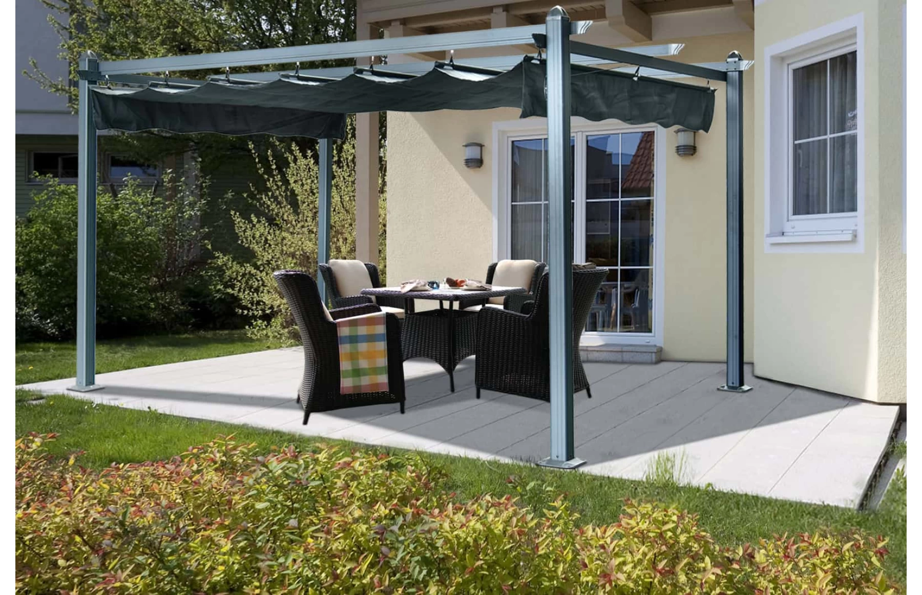 Pergola SKY tip pavilion foisor, din aluminiu si acoperis textil, 3 x 4 metri, Gri antracit RAL 7016