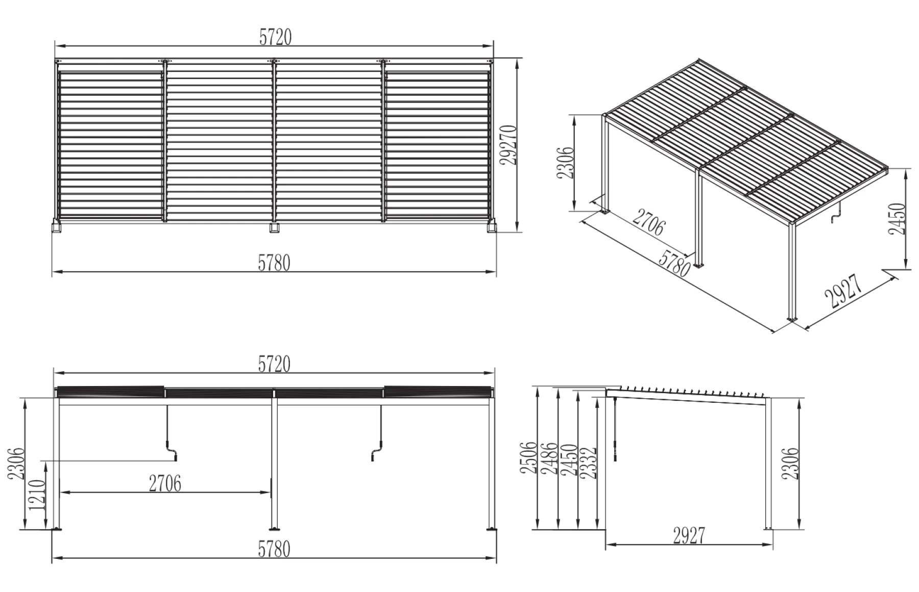 Pergola X Bioclimatica, Pavilion 3x5.8x2.3metri cu LED, prindere pe casa, Premium, Aluminiu