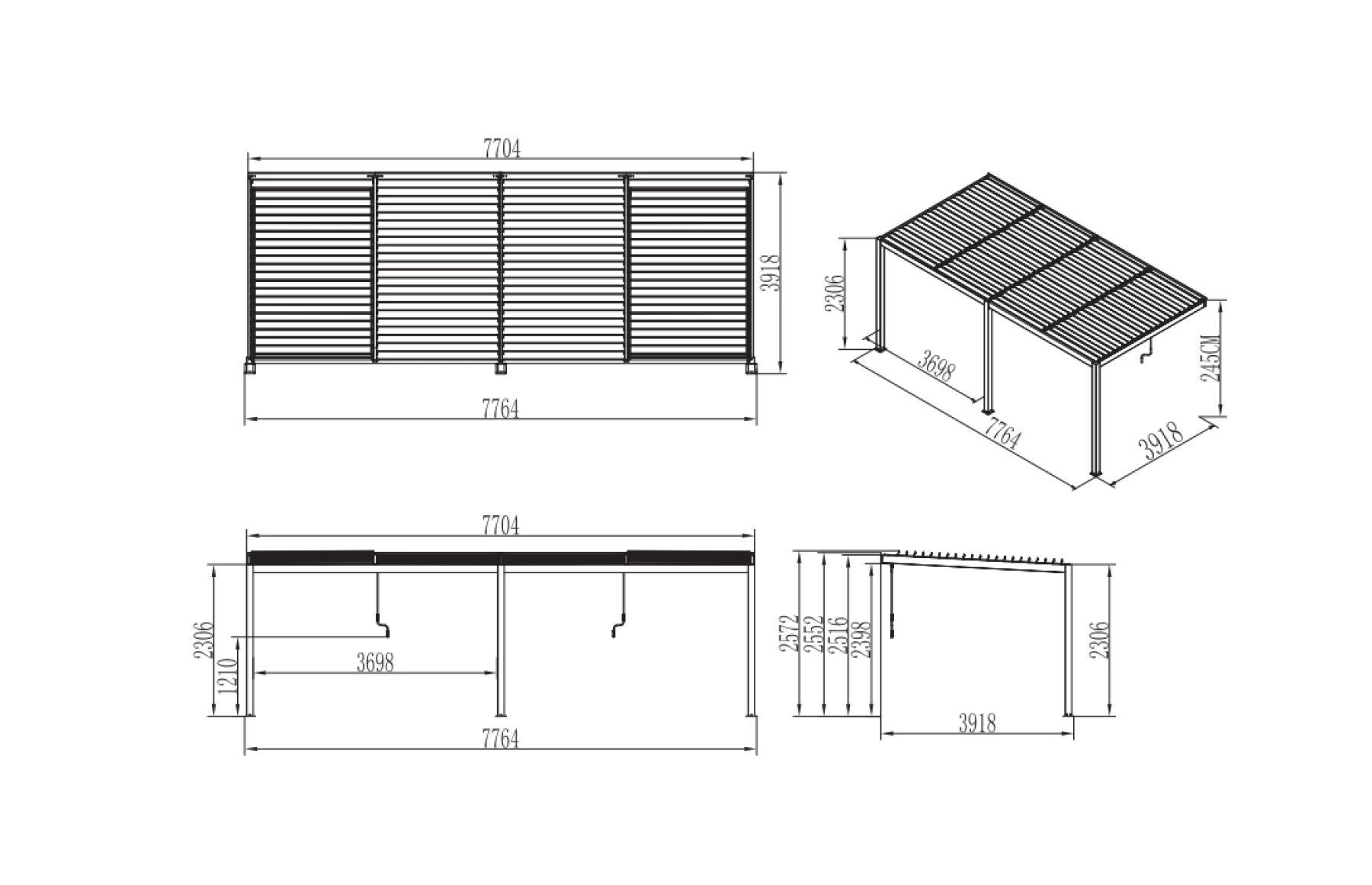 Pergola X Bioclimatica, Pavilion 4x7.8x2.3metri cu LED, prindere pe casa, Premium, Aluminiu