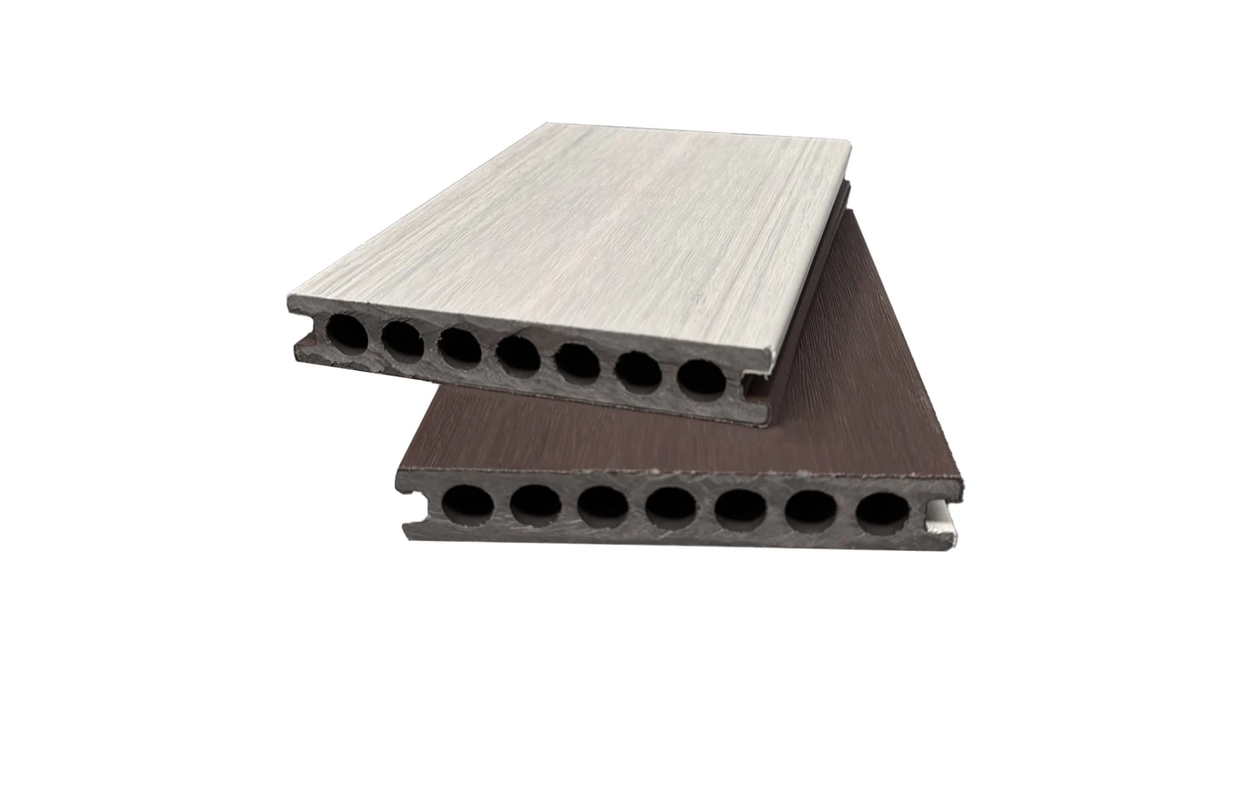 Placă Deck 3D cu 2 fete, din WPC 148x23mm, L 3800mm, Structura cu Gol Rotund pentru Rezistenta Sporita, o fata maro, o fata gri deschis