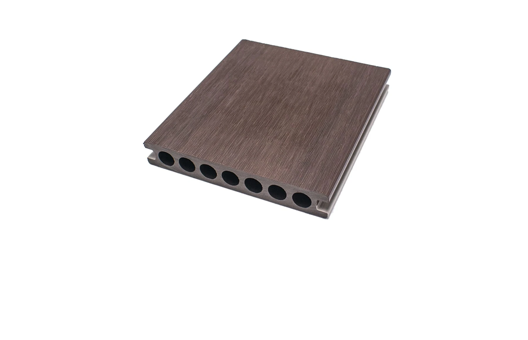 Placă Deck 3D cu 2 fete, din WPC 148x23mm, L 3800mm, Structura cu Gol Rotund pentru Rezistenta Sporita, o fata maro, o fata gri deschis