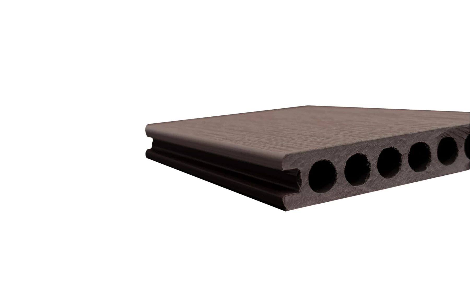 Placă Deck 3D cu 2 fete, din WPC 148x23mm, L 3800mm, Structura cu Gol Rotund pentru Rezistenta Sporita, o fata maro, o fata gri deschis